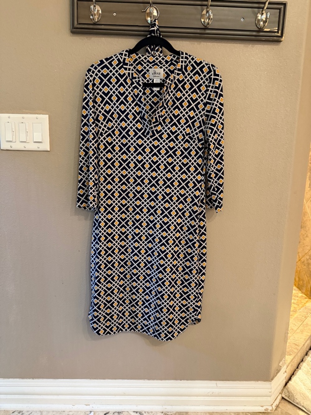 3/4 Sleeve Geometric Midi Dress in Navy & White with Gold Accents